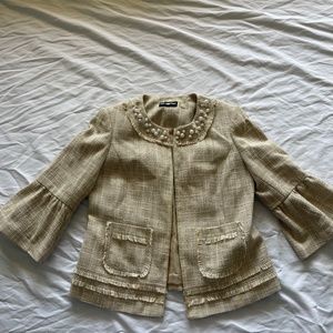 karl lagerfeld womens cream pearl accent fringe blazer size 4